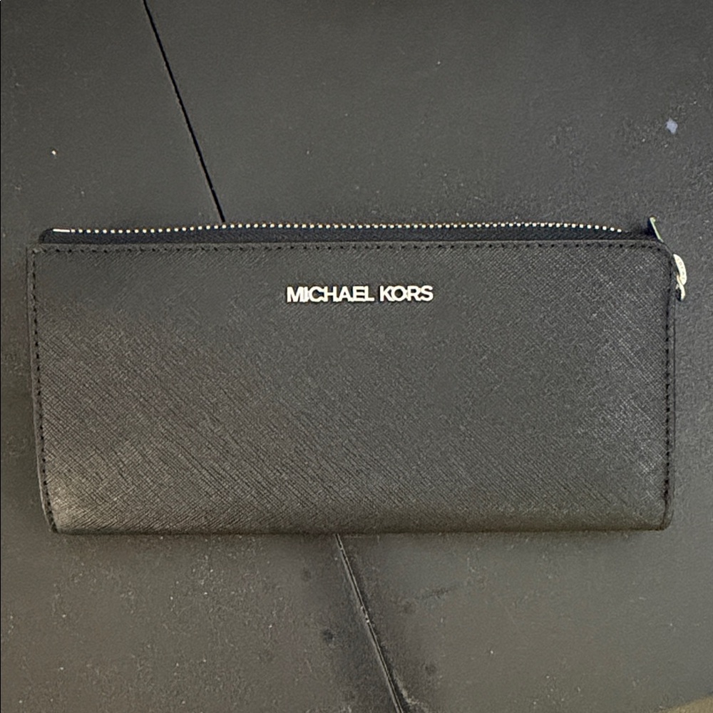 Michael Kors Black Zip Wallet with Silver Logo
